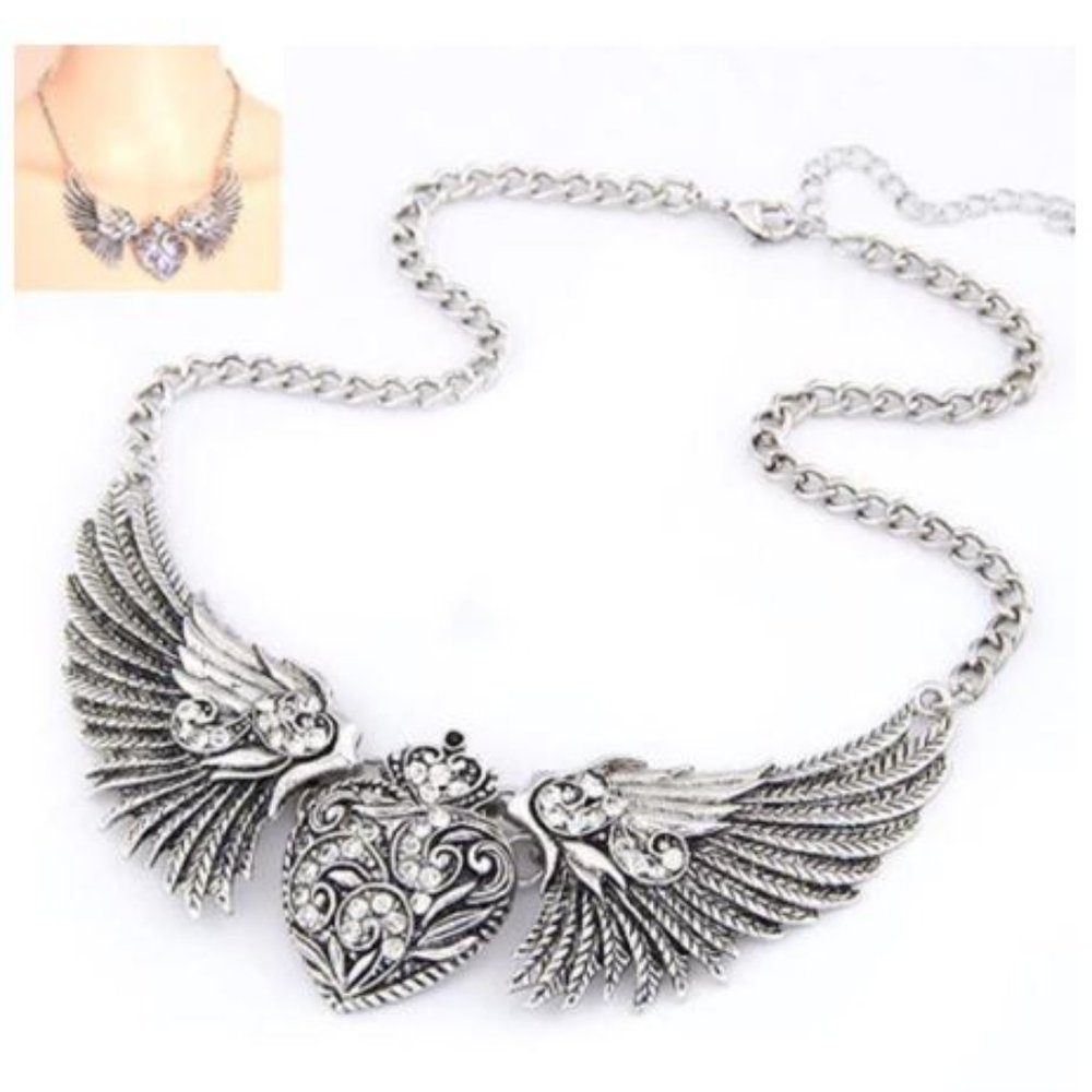 Winged Heart Necklace Crystals Silver Tone